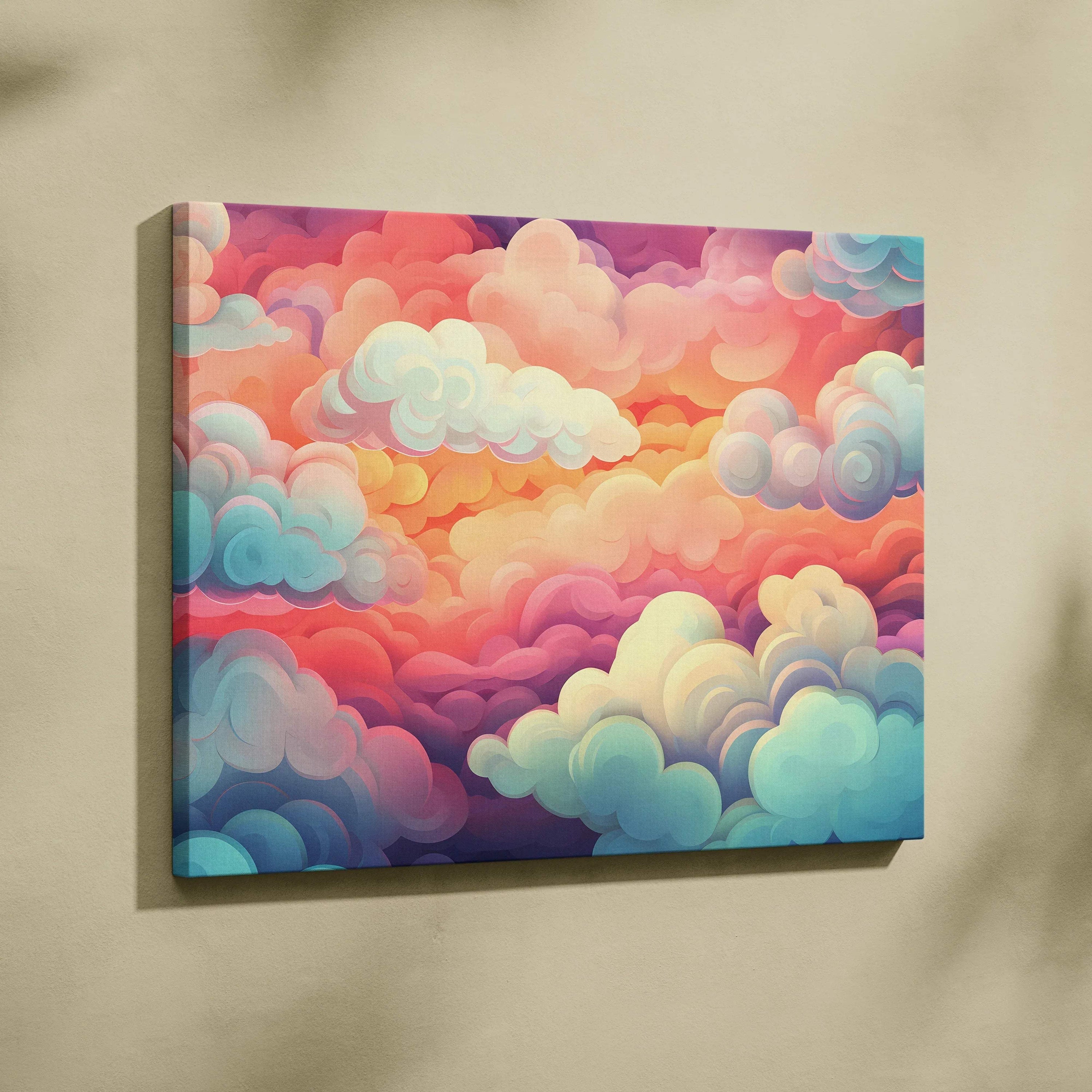 Vibrant canvas wall art with swirling abstract clouds in pink, orange, blue, and purple tones.