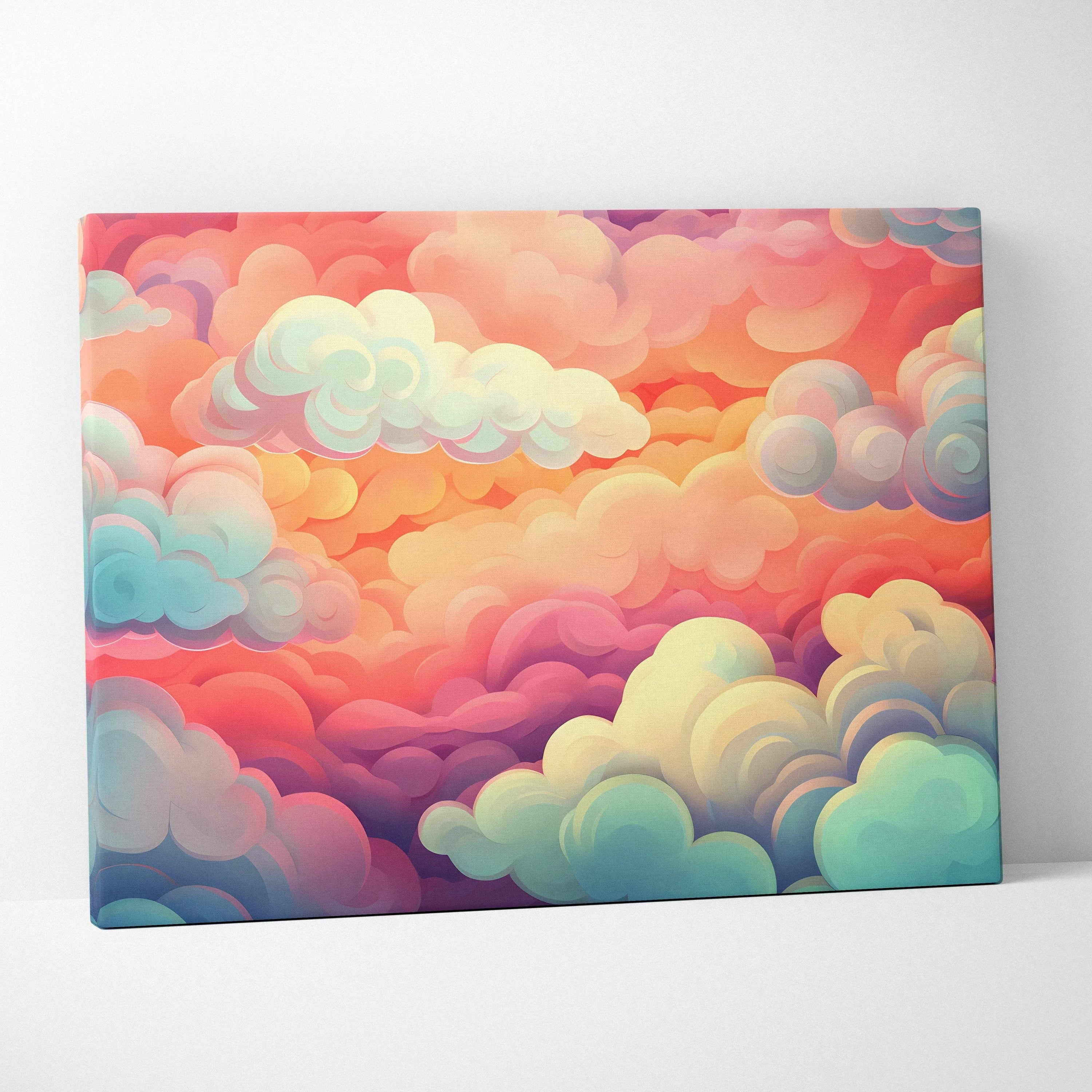 Canvas wall art featuring vibrant abstract clouds in shades of pink, orange, blue, and purple with smooth, rounded shapes.