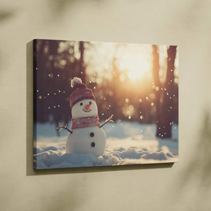 Canvas wall art featuring a cute snowy snowman with a red hat and scarf in a winter landscape at sunset.