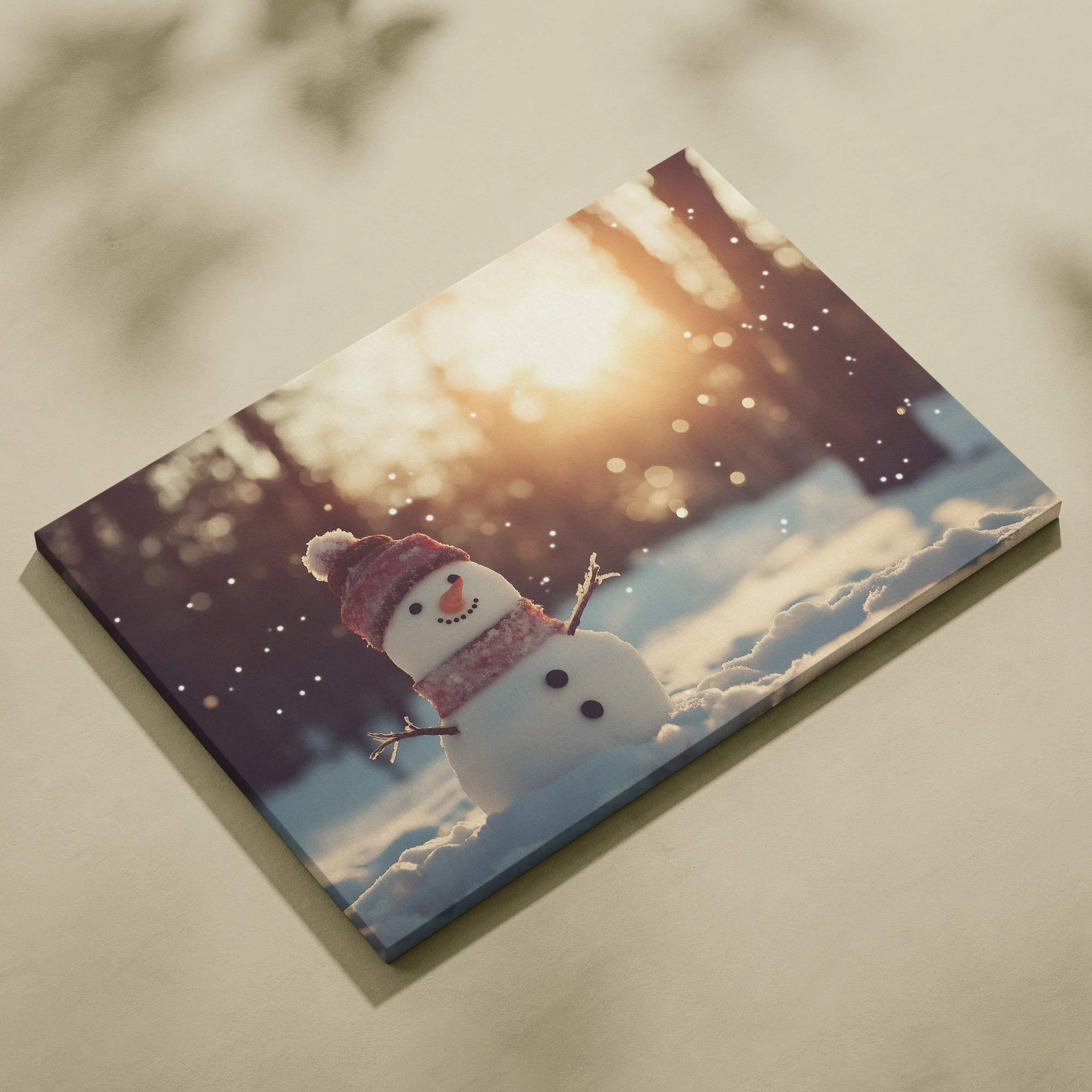 Canvas wall art featuring a snowy snowman with a red hat and scarf in a glowing winter landscape.