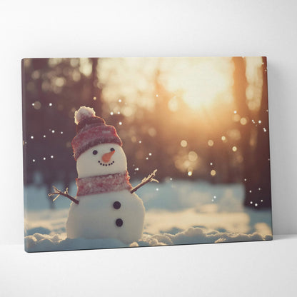 Charming snowy snowman winter landscape canvas wall art with warm sunlight and falling snow decor.