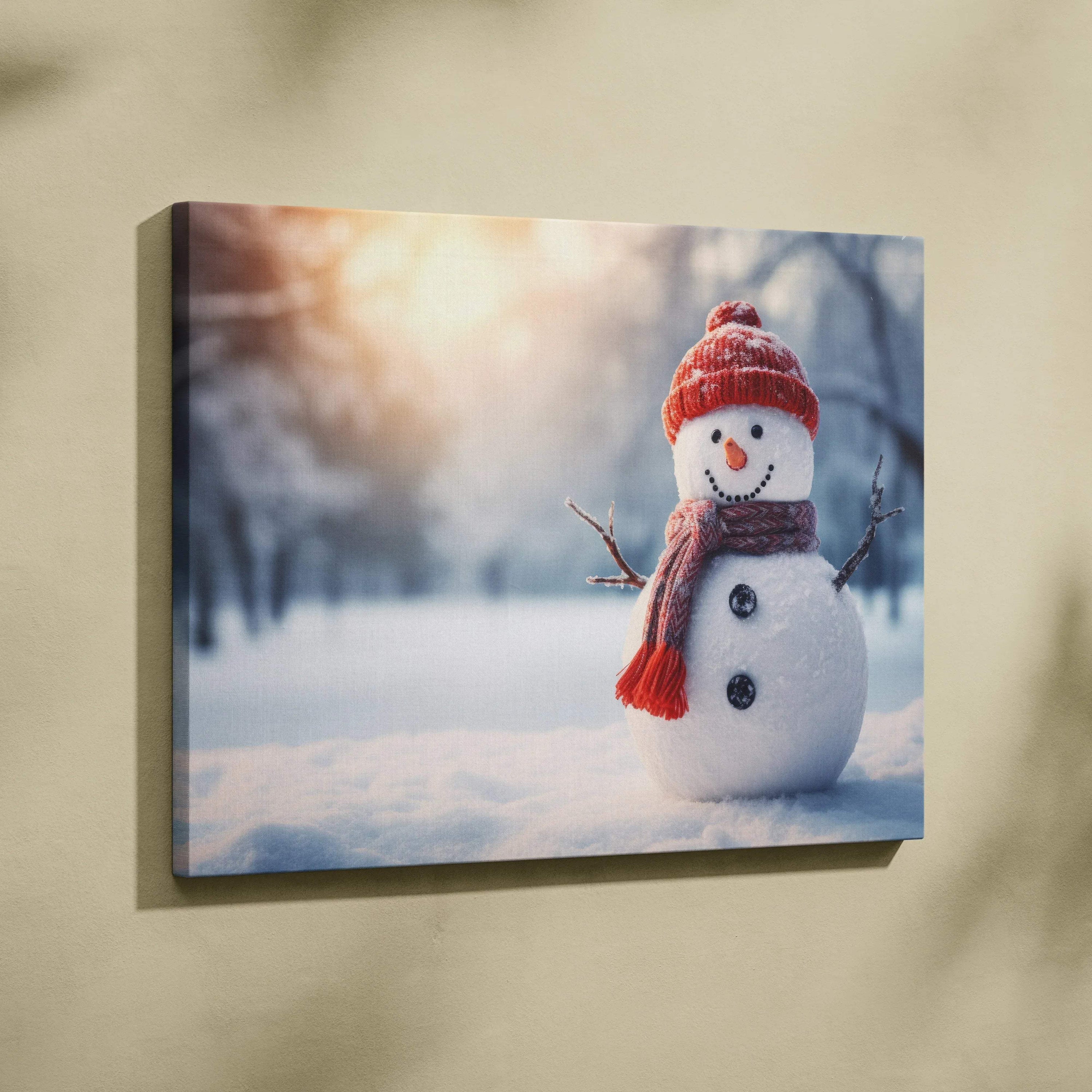 Canvas wall art featuring a cheerful snowman with a red hat and scarf in a snowy forest landscape at sunset.