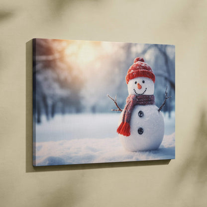 Canvas wall art featuring a cheerful snowman with a red hat and scarf in a snowy forest landscape at sunset.