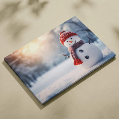 Canvas wall art featuring a cheerful snowman in red hat and scarf on a snowy landscape at sunset.