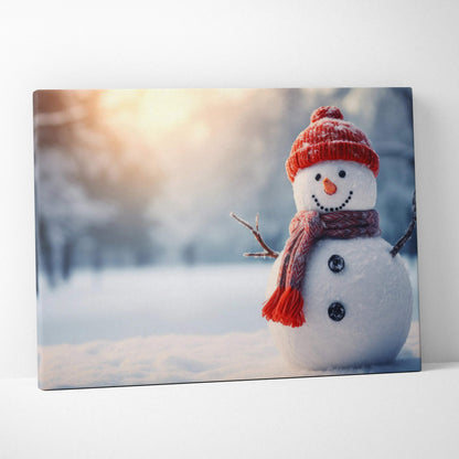 Canvas wall art featuring a cheerful snowman with a red hat and scarf in a snowy landscape at sunset.