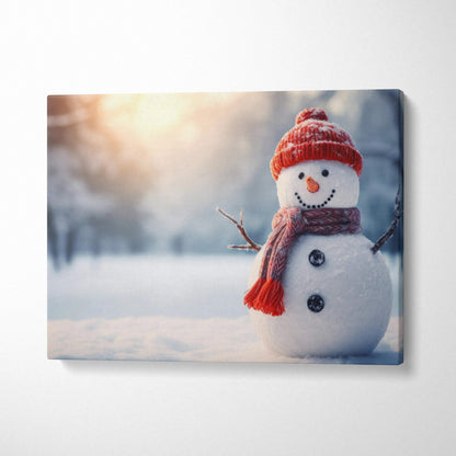 Cute snowman wearing red hat and scarf in snowy landscape canvas wall art decor.