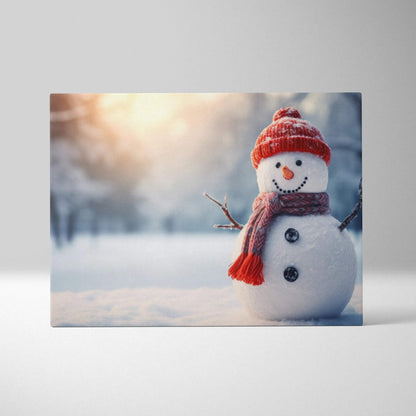 Canvas wall art featuring a cheerful snowman with a red knit hat and scarf in a snowy landscape with soft sunlight.