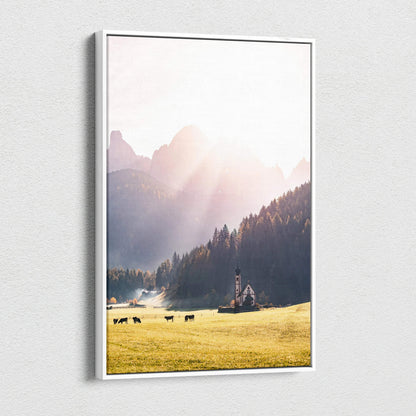 Vertical canvas wall art featuring a sunlit autumn meadow with grazing horses and misty mountains in the background.