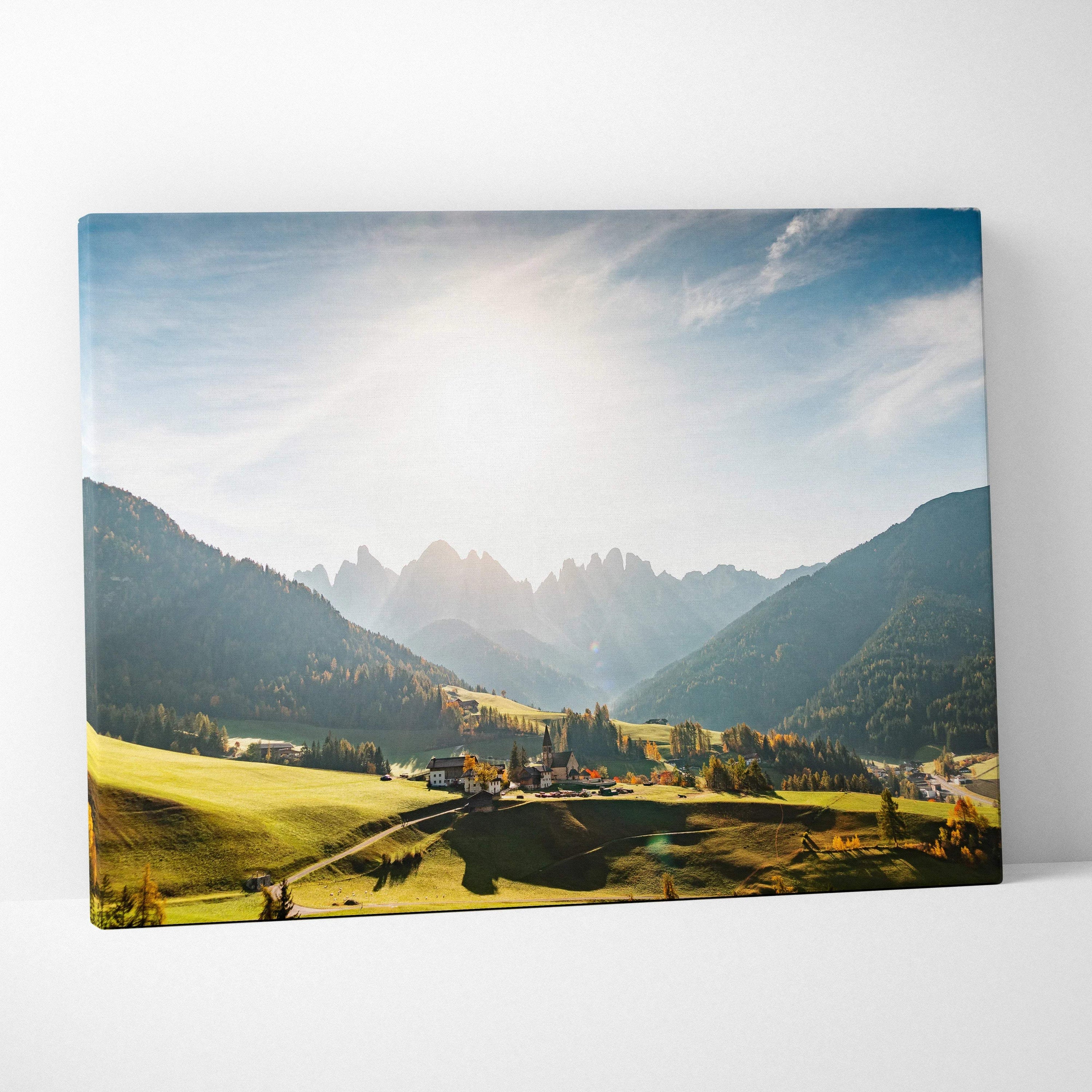 Val Di Funes valley canvas print with serene alpine hillside and golden light