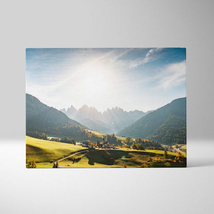 Val di Funes valley canvas print: serene alpine hillside with golden light