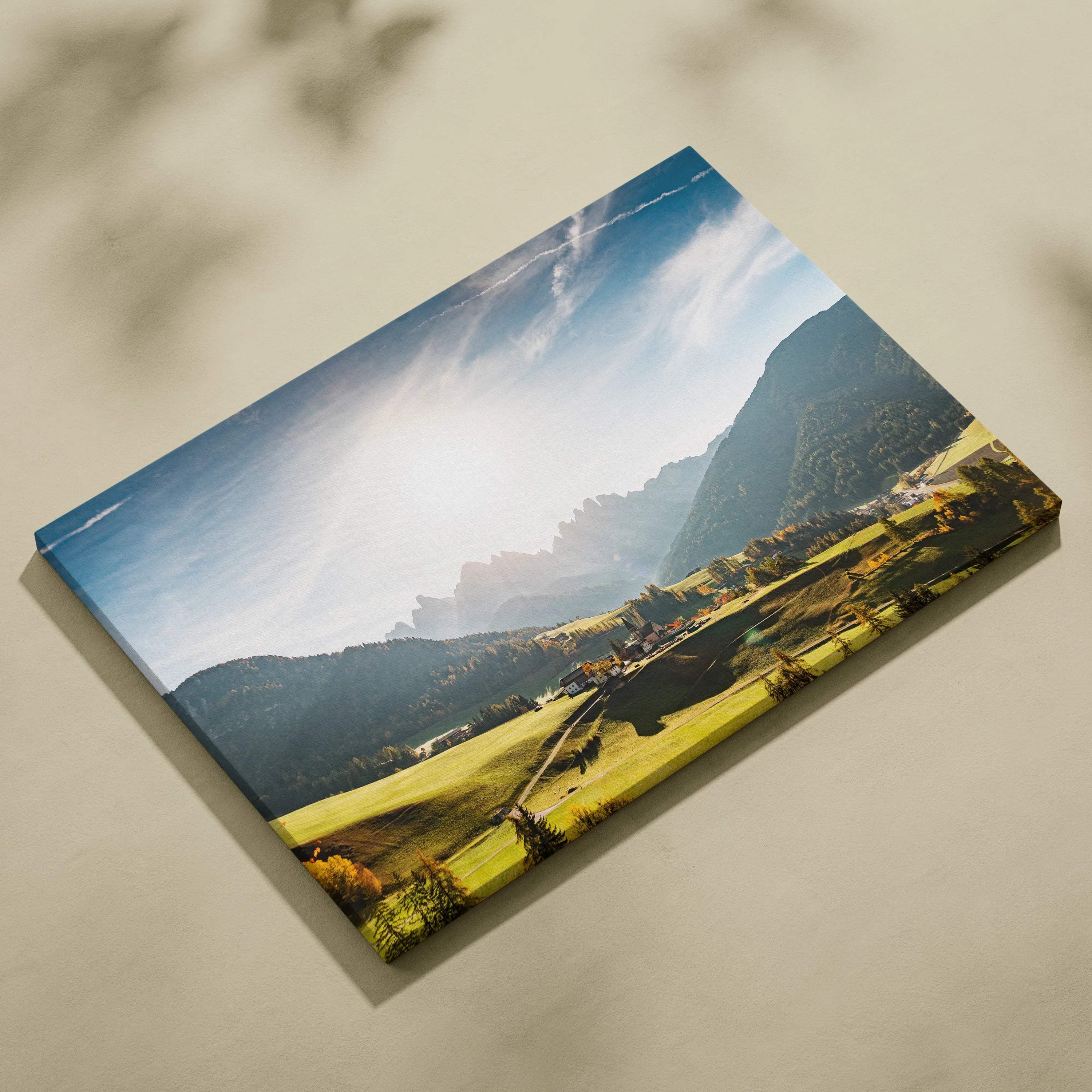 Val Di Funes Valley canvas wall art with serene alpine hills and golden light