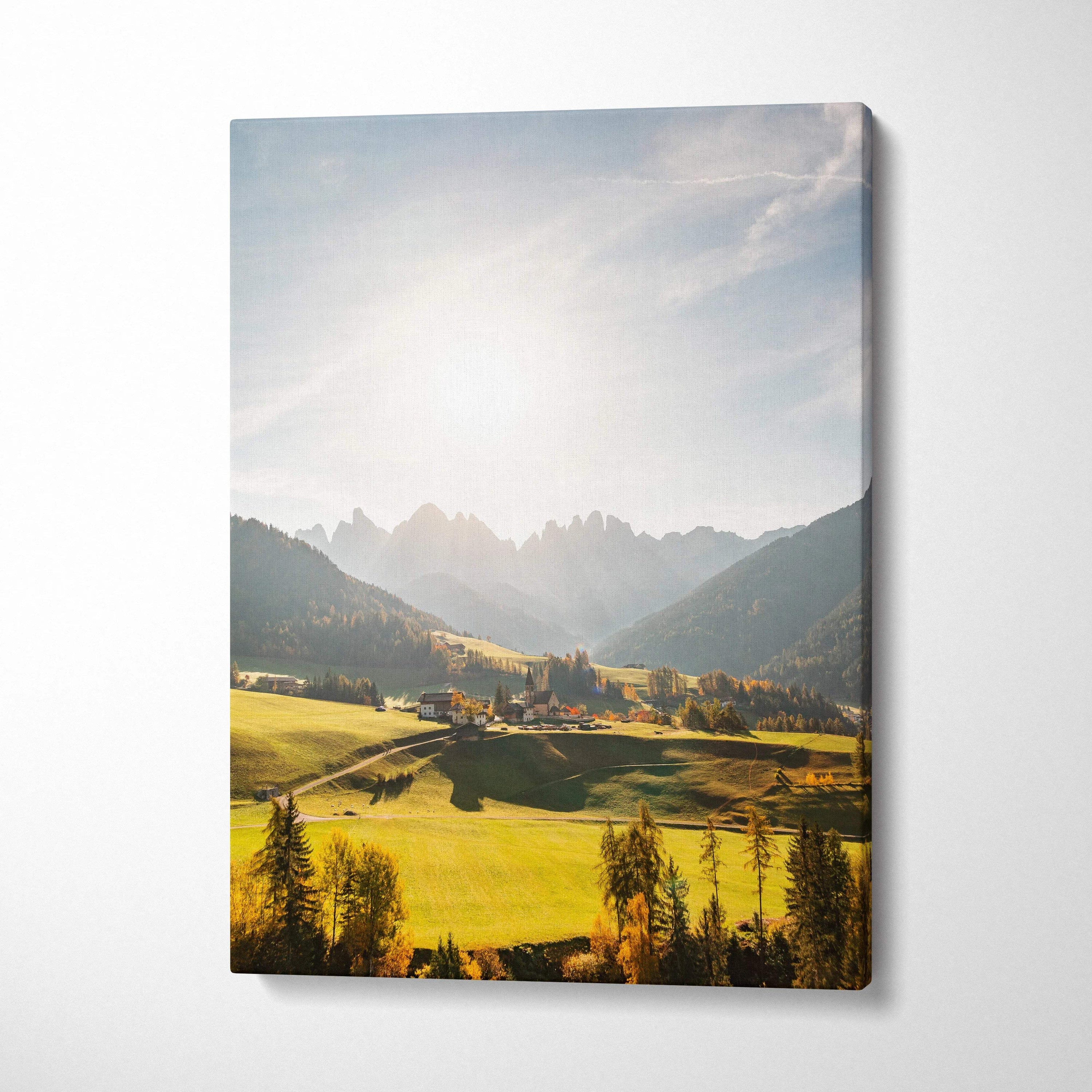 Canvas print of Val Di Funes Dolomites valley at golden hour