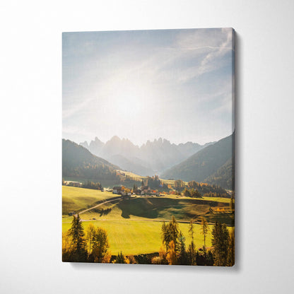 Canvas print of Val Di Funes Dolomites valley at golden hour