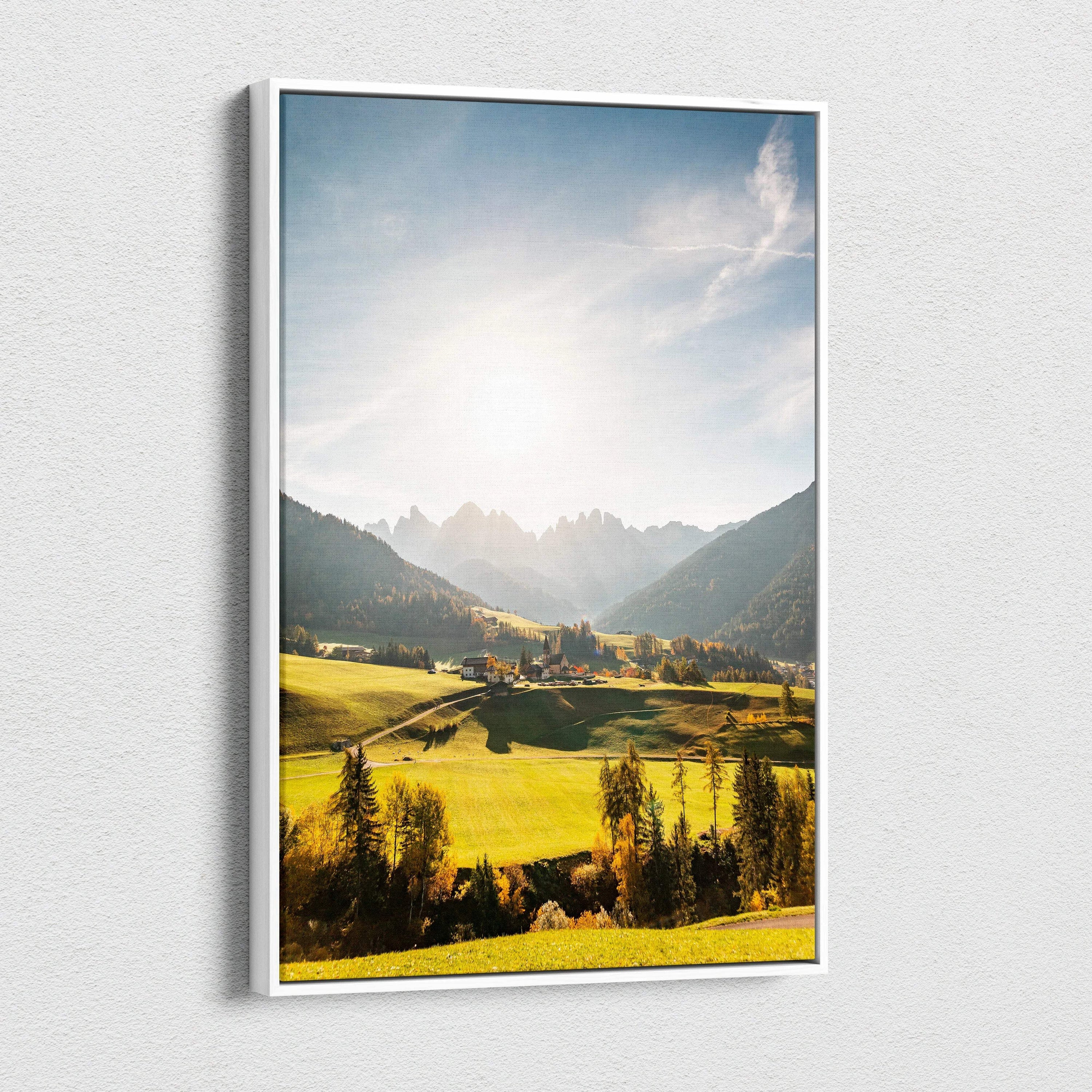 Val Di Funes Dolomites valley canvas print, sunlit mountain landscape