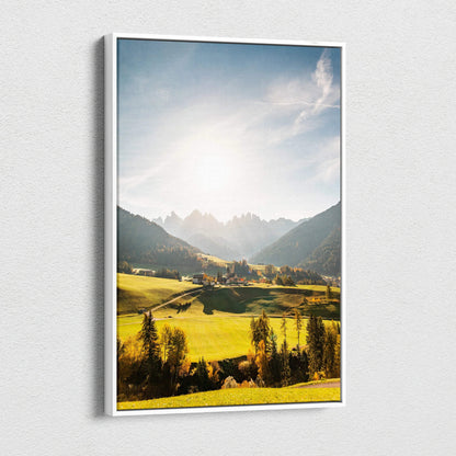 Val Di Funes Dolomites valley canvas print, sunlit mountain landscape