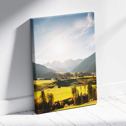 Canvas print of Val Di Funes Dolomites: golden fields, peaks, blue sky