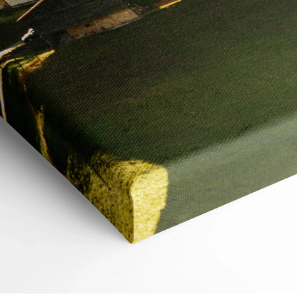 Corner close-up of dark green and yellow high-resolution canvas art print with textured surface and wrapped edges.