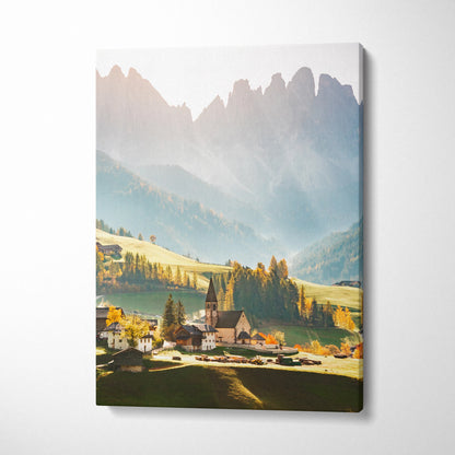 Vertical canvas wall art featuring a serene mountain village with soft morning light and misty peaks.