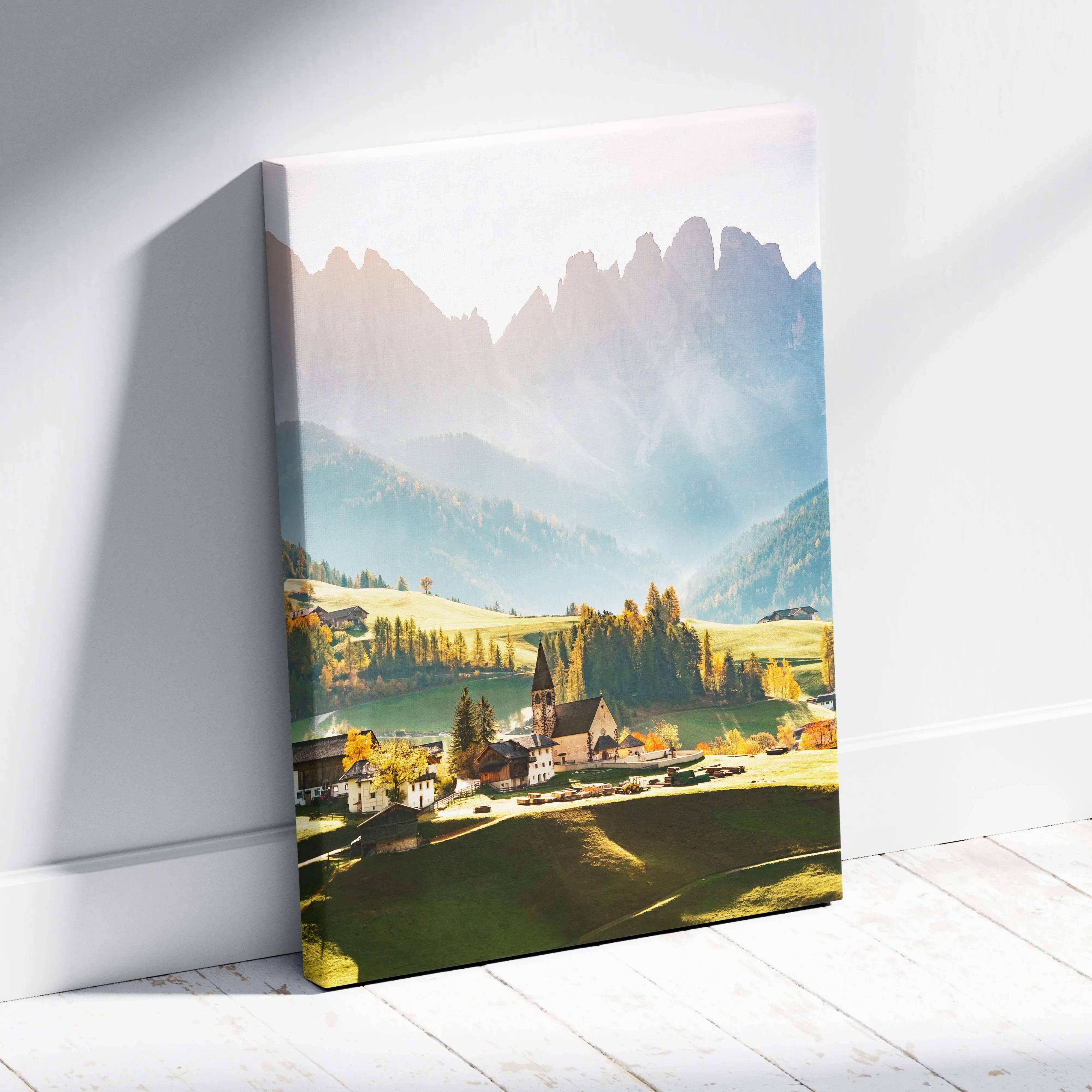 Framed canvas wall art of classic alpine village landscape with autumn trees and misty mountain peaks in soft morning light