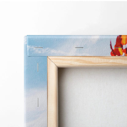 Close-up of wooden frame corner with canvas stretched and stapled, vibrant autumn leaves canvas wall art.