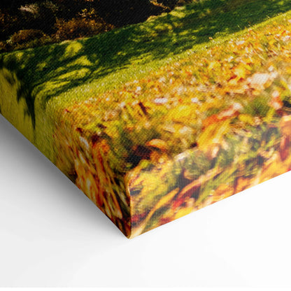 Close-up of vibrant autumn leaves canvas art with rich orange and yellow tones on stretched wall art.