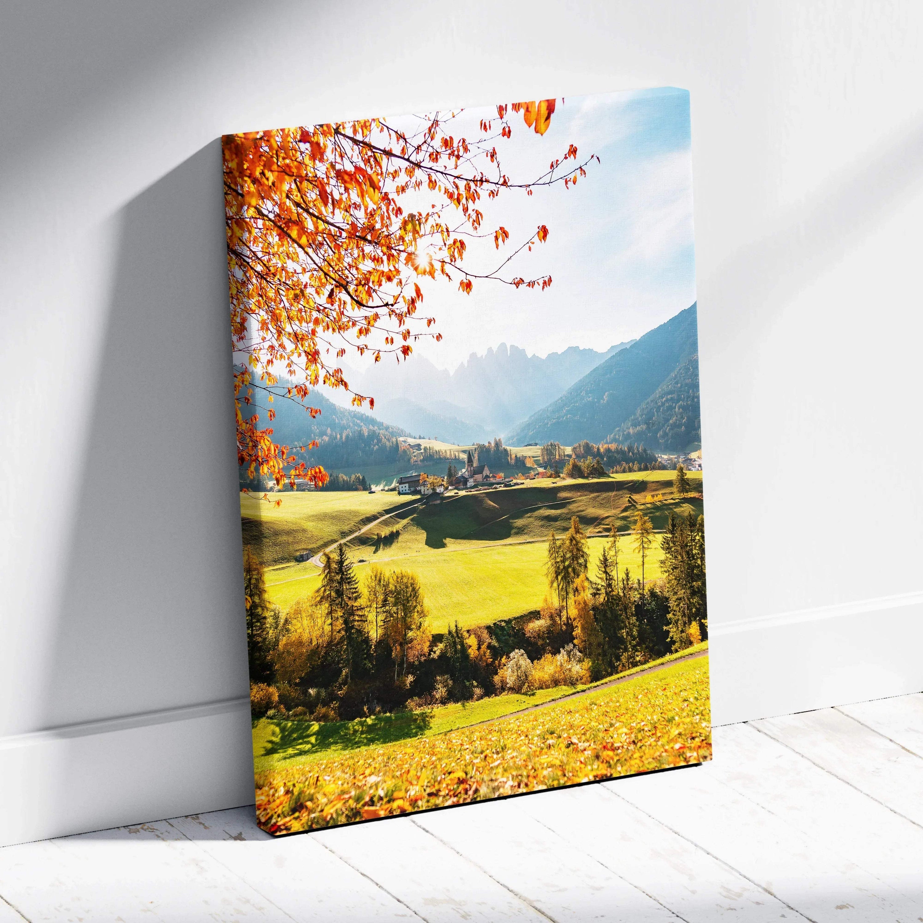 Vibrant autumn leaves over sunlit valley landscape canvas wall art with mountains and clear sky.