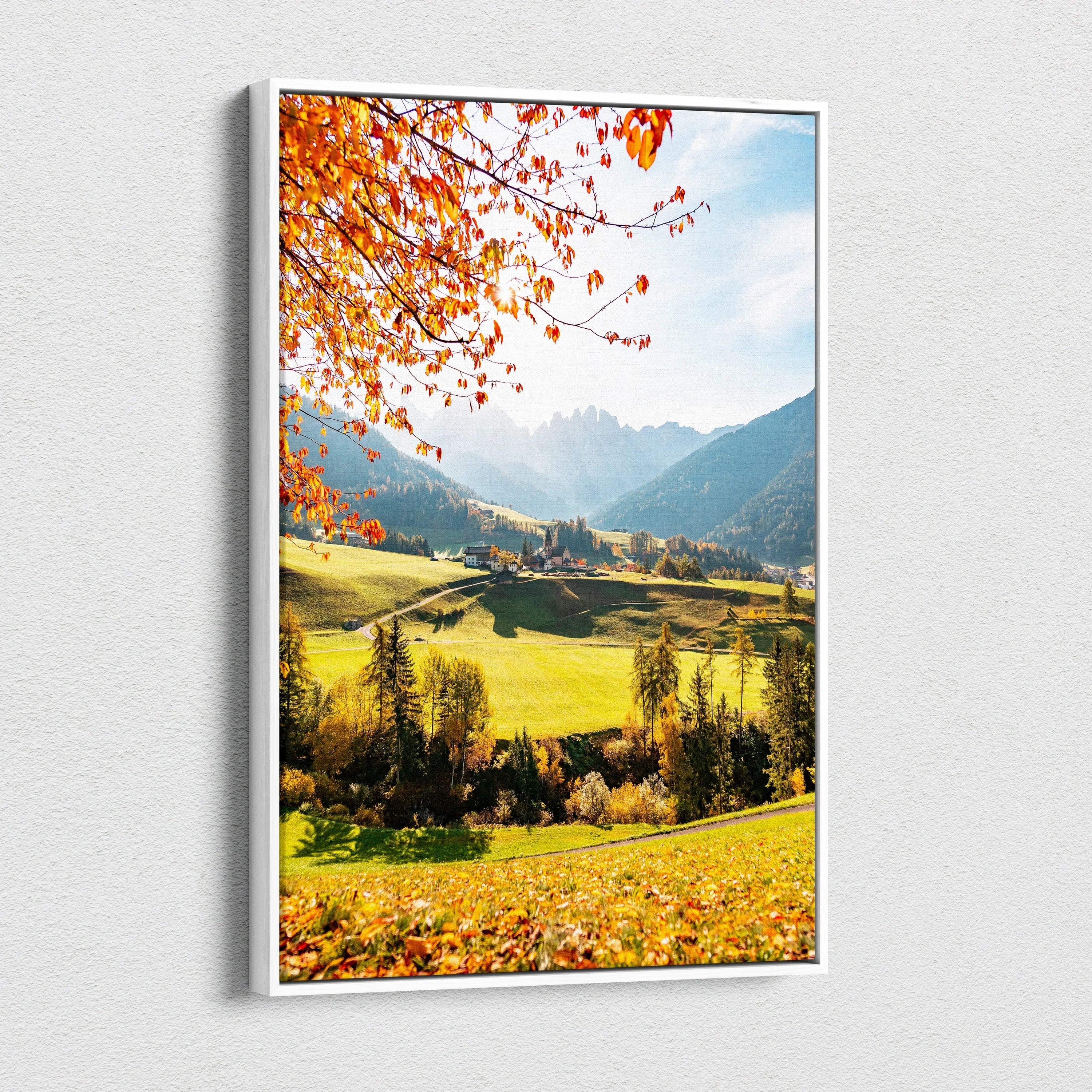 Autumn leaves and sunlit valley landscape canvas wall art with vibrant fall colors.