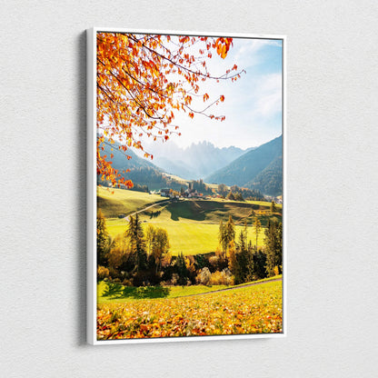Autumn leaves and sunlit valley landscape canvas wall art with vibrant fall colors.