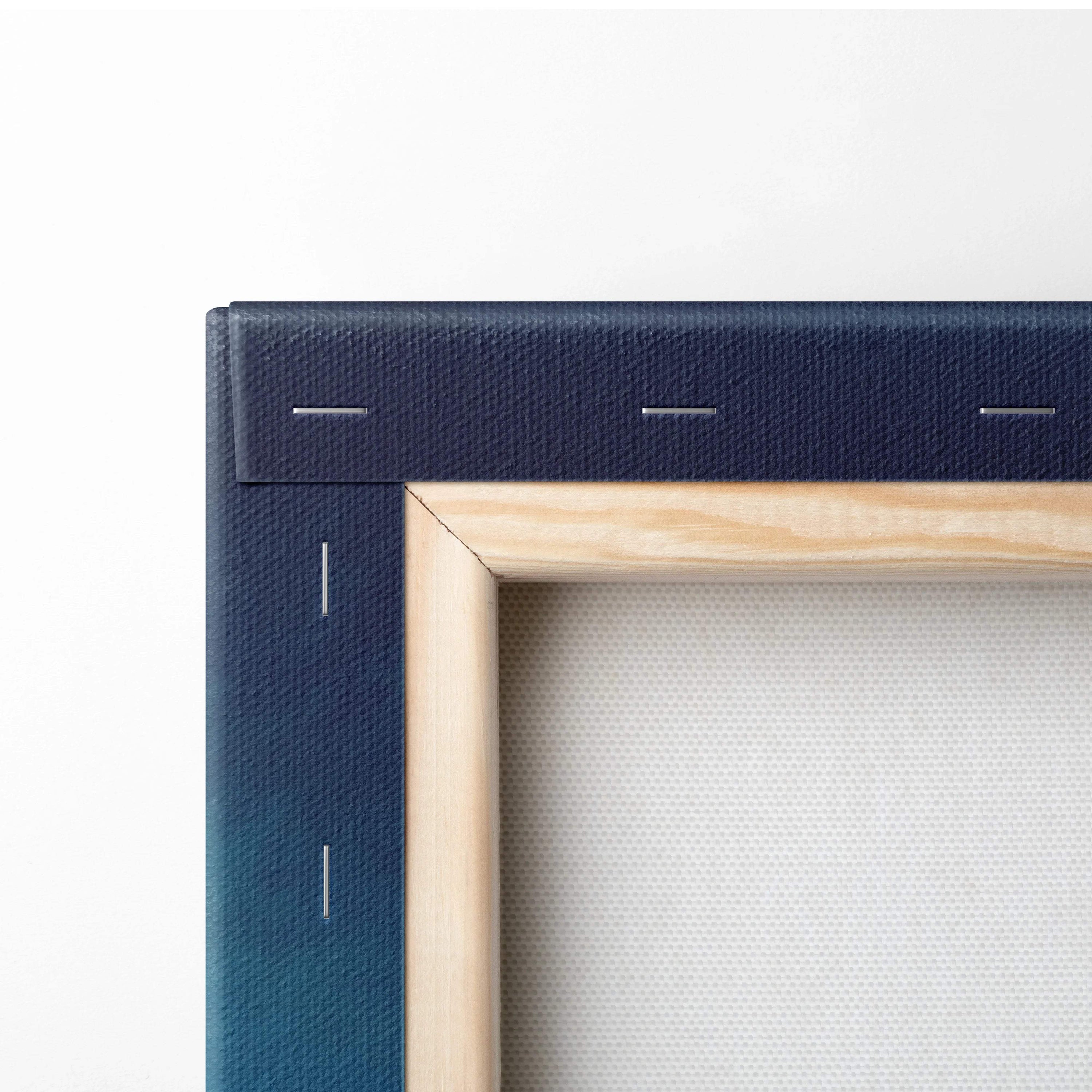 Navy blue textured canvas frame with light wood border, Val di Funes Dolomites art