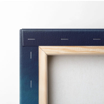 Navy blue textured canvas frame with light wood border, Val di Funes Dolomites art