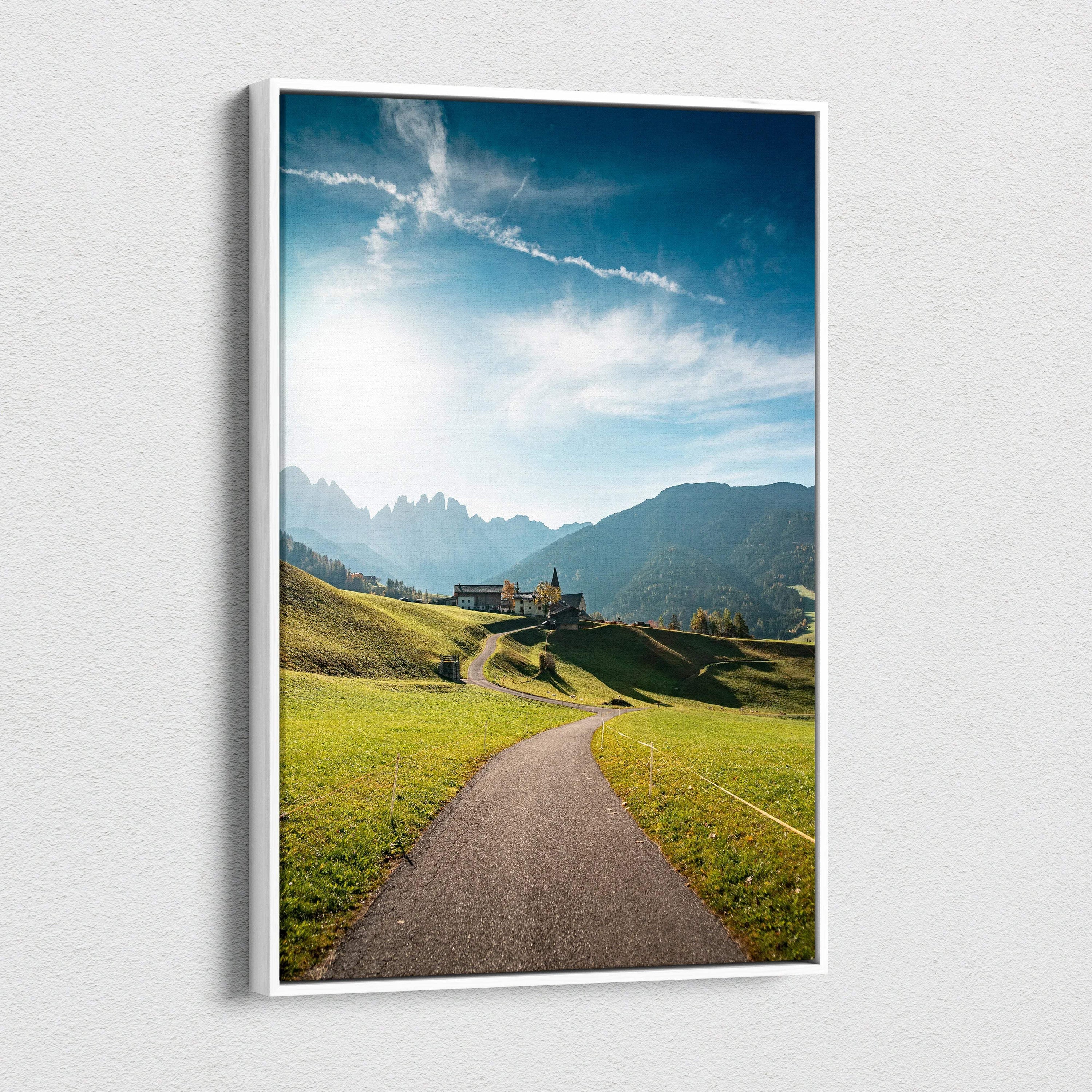Val di Funes Dolomites canvas print: path to village, farmstead, church, mountains