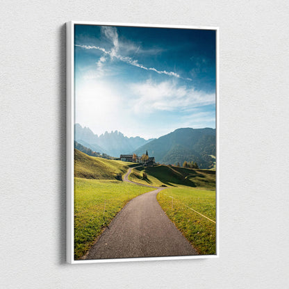 Val di Funes Dolomites canvas print: path to village, farmstead, church, mountains