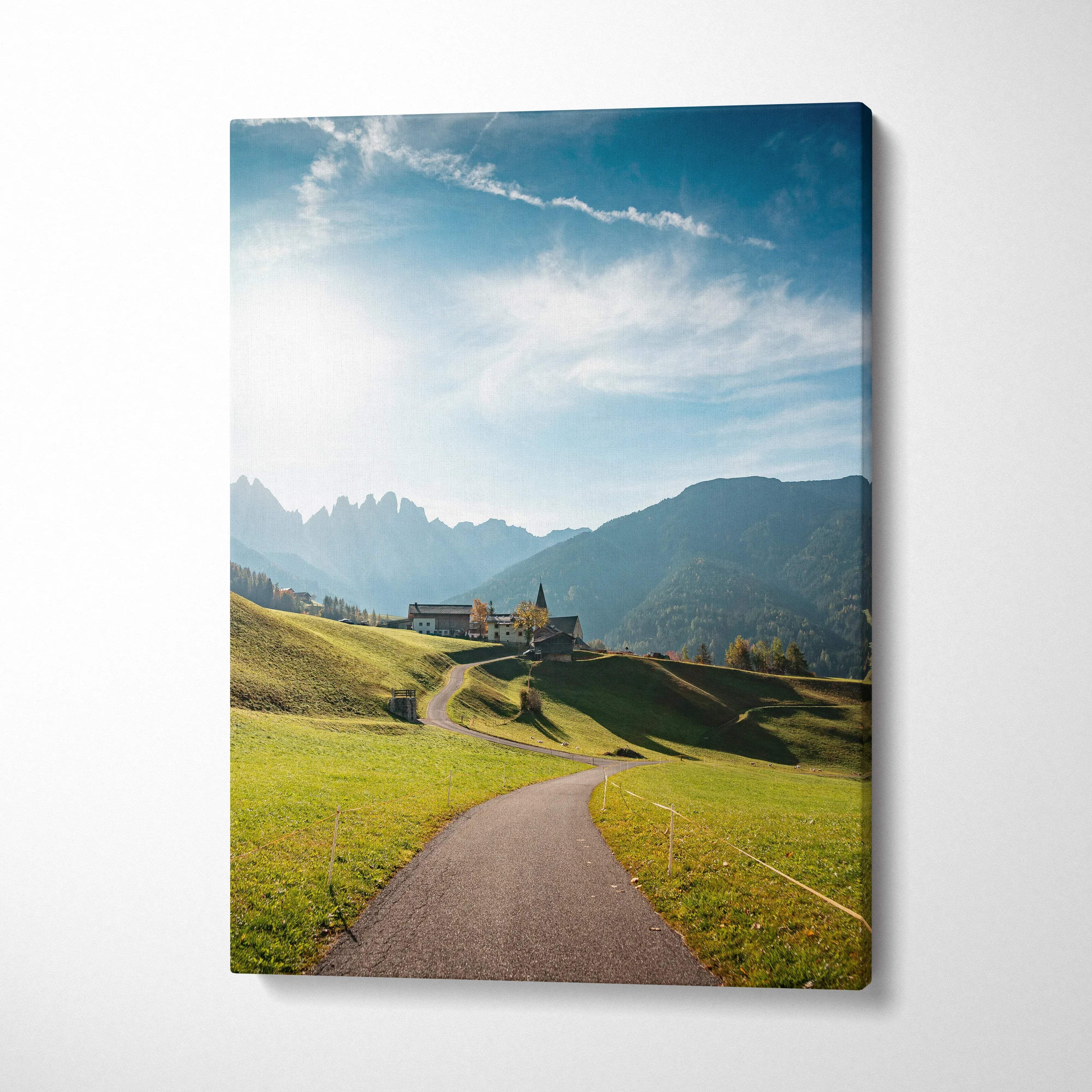 Val di Funes Dolomites canvas print with alpine valley, farmstead, church