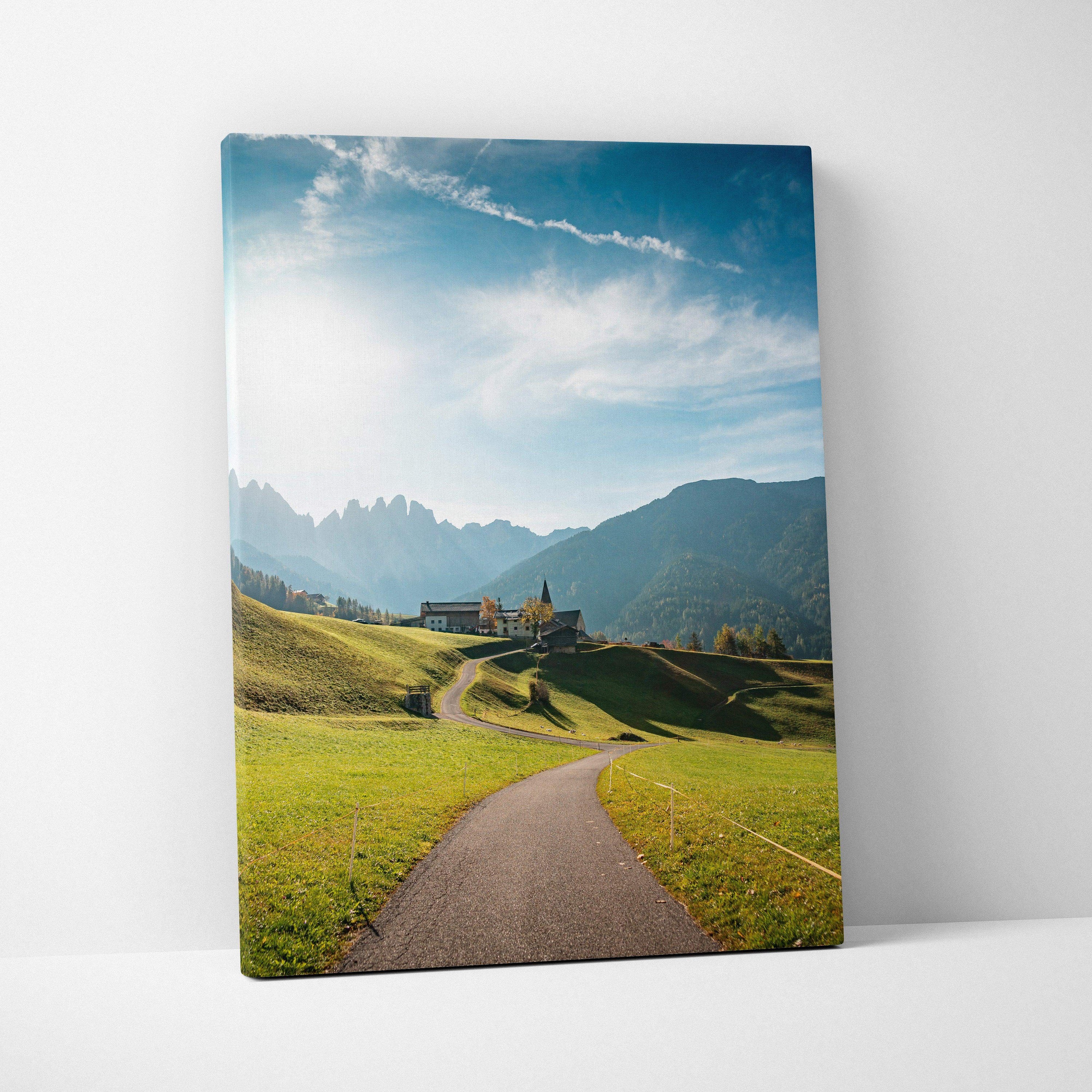 Val di Funes Dolomites canvas print with alpine valley, farmstead, church