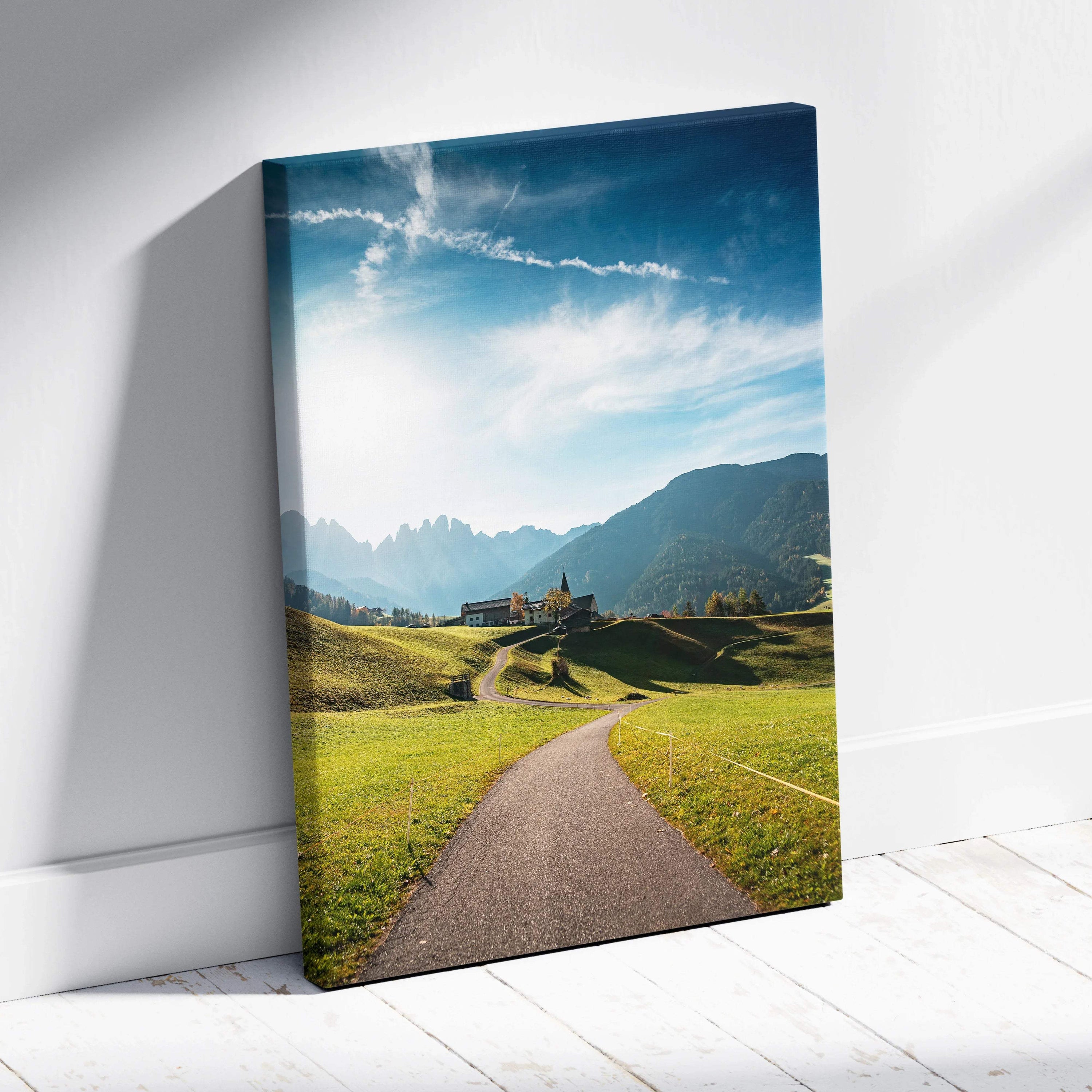 Val di Funes Dolomites canvas art: path to village in mountains