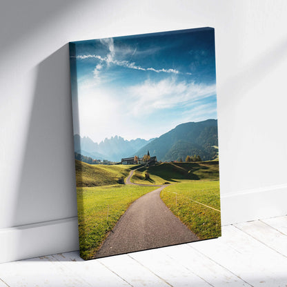 Val di Funes Dolomites canvas art: path to village in mountains