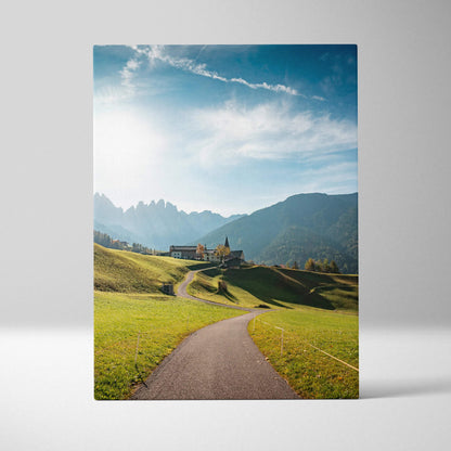 Val di Funes Dolomites canvas print of alpine valley farmstead church