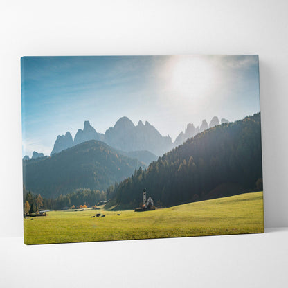 Canvas print of Val di Funes mountain range at golden sunset