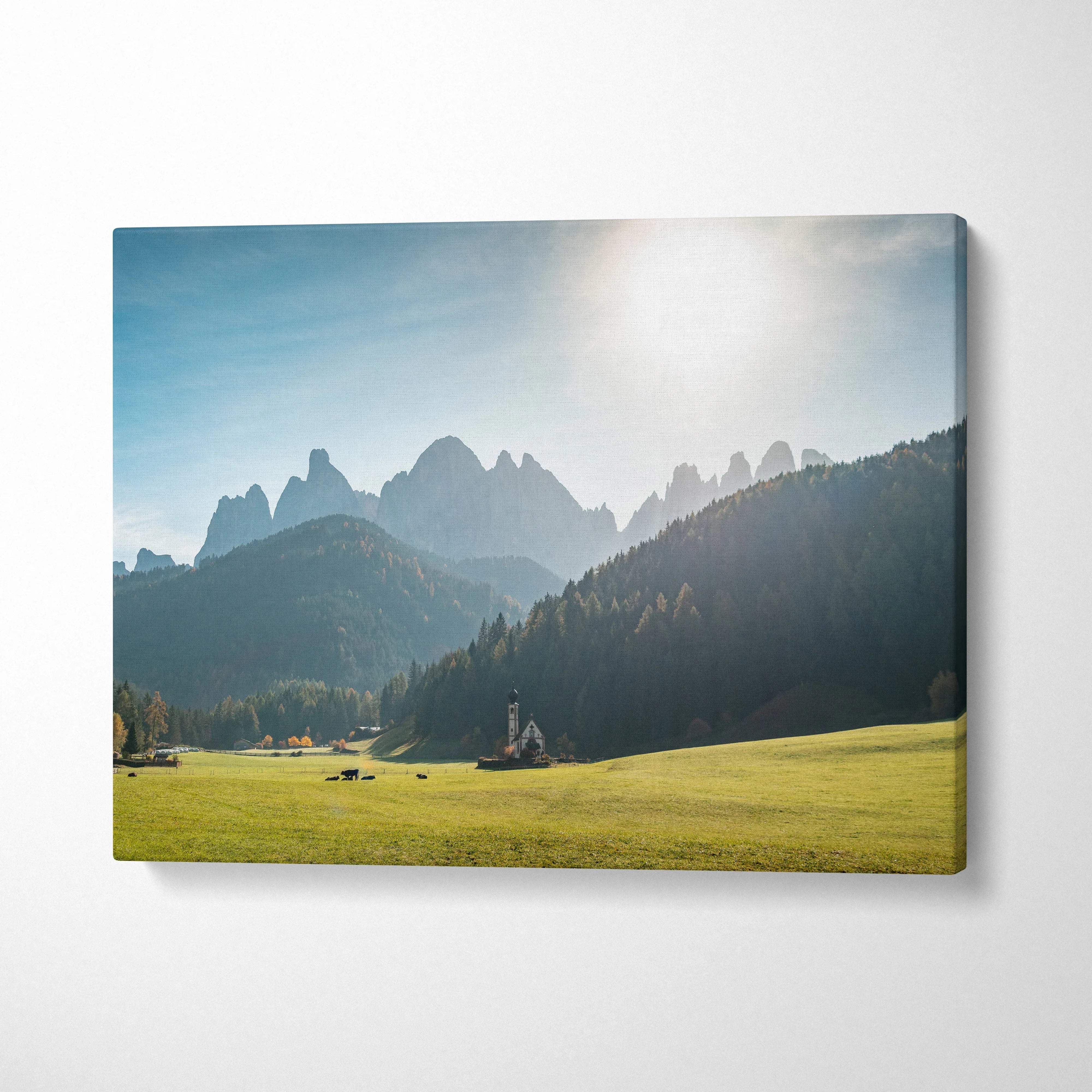 Canvas print of Val di Funes mountain range at golden sunset