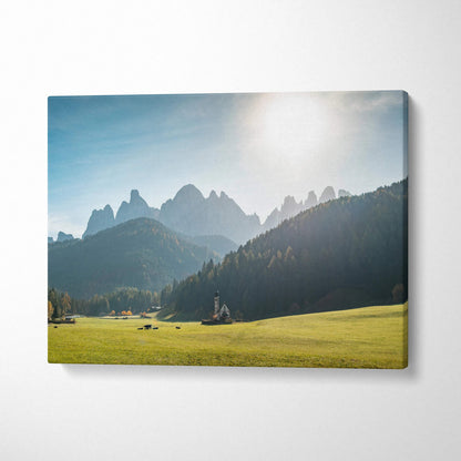Canvas print of Val di Funes mountain range at golden sunset