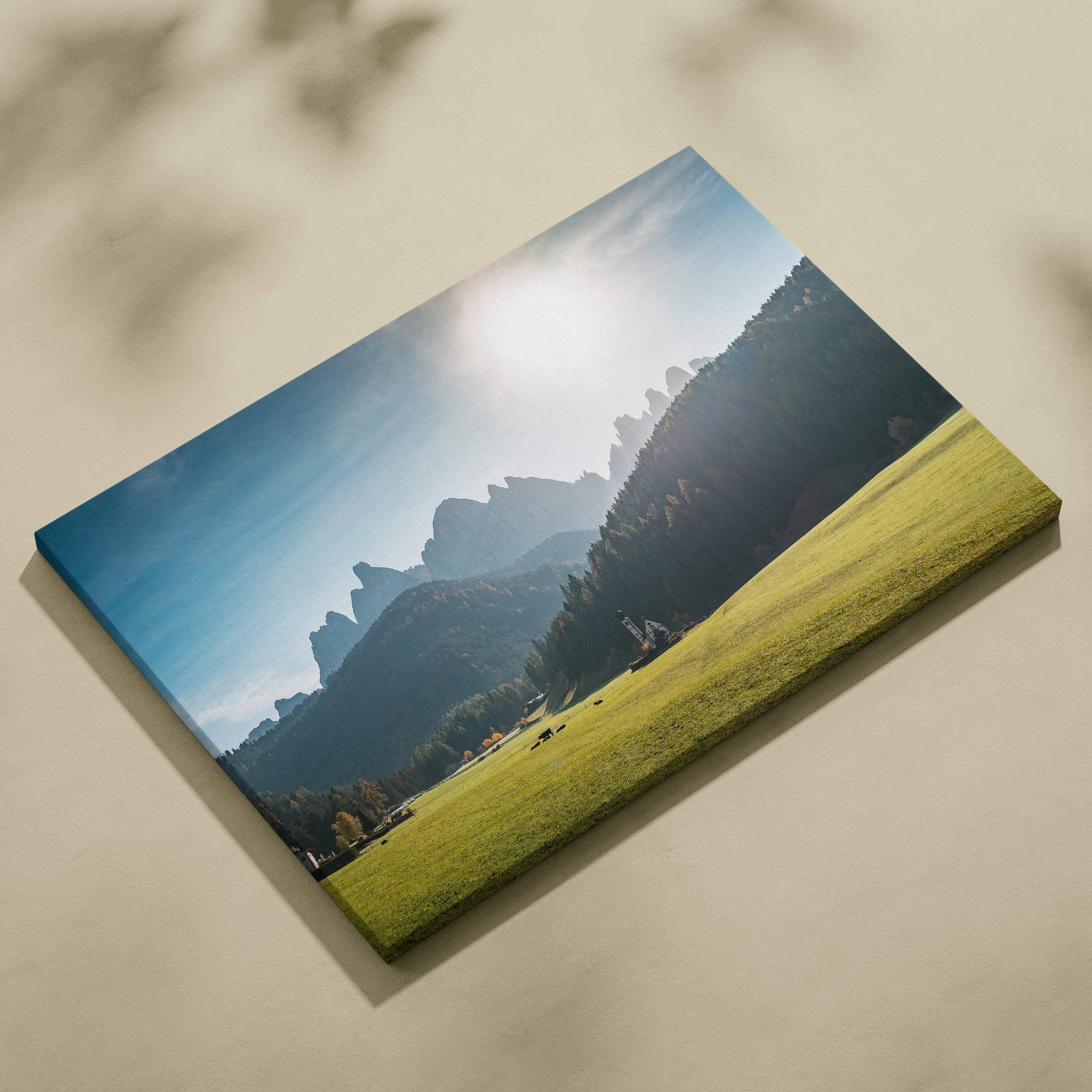 Canvas print of Val di Funes mountain range at golden sunset