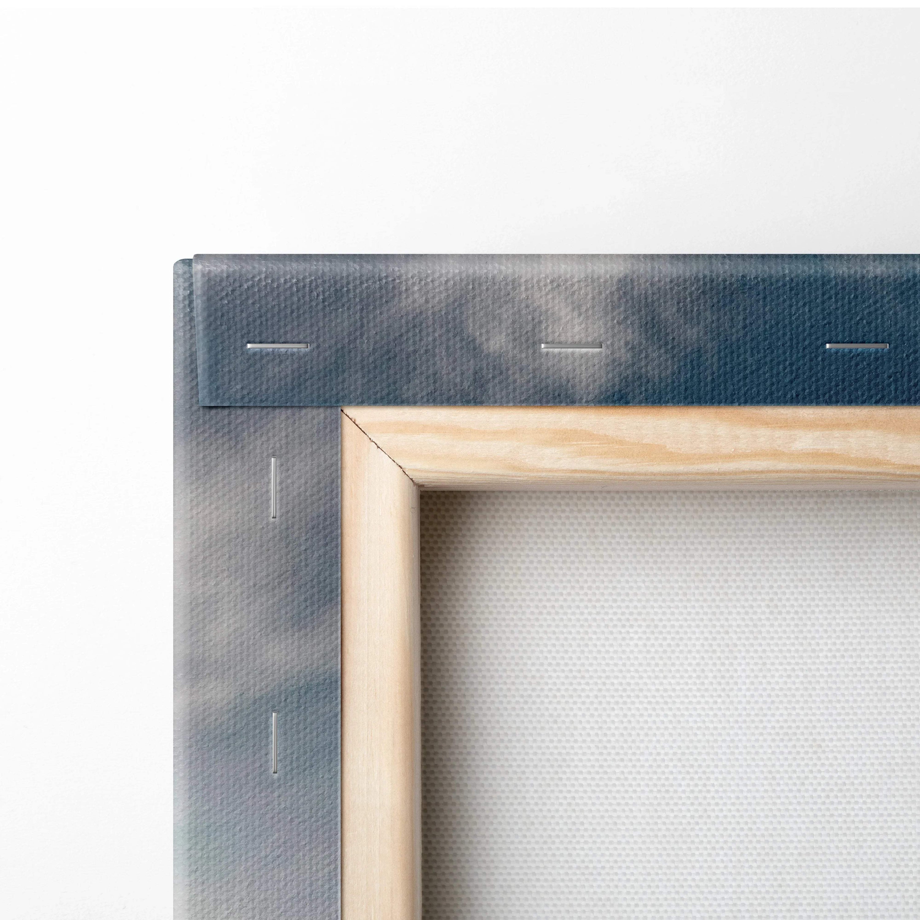 Back of light wooden frame with dark gray textured canvas, Val di Funes Dolomites art