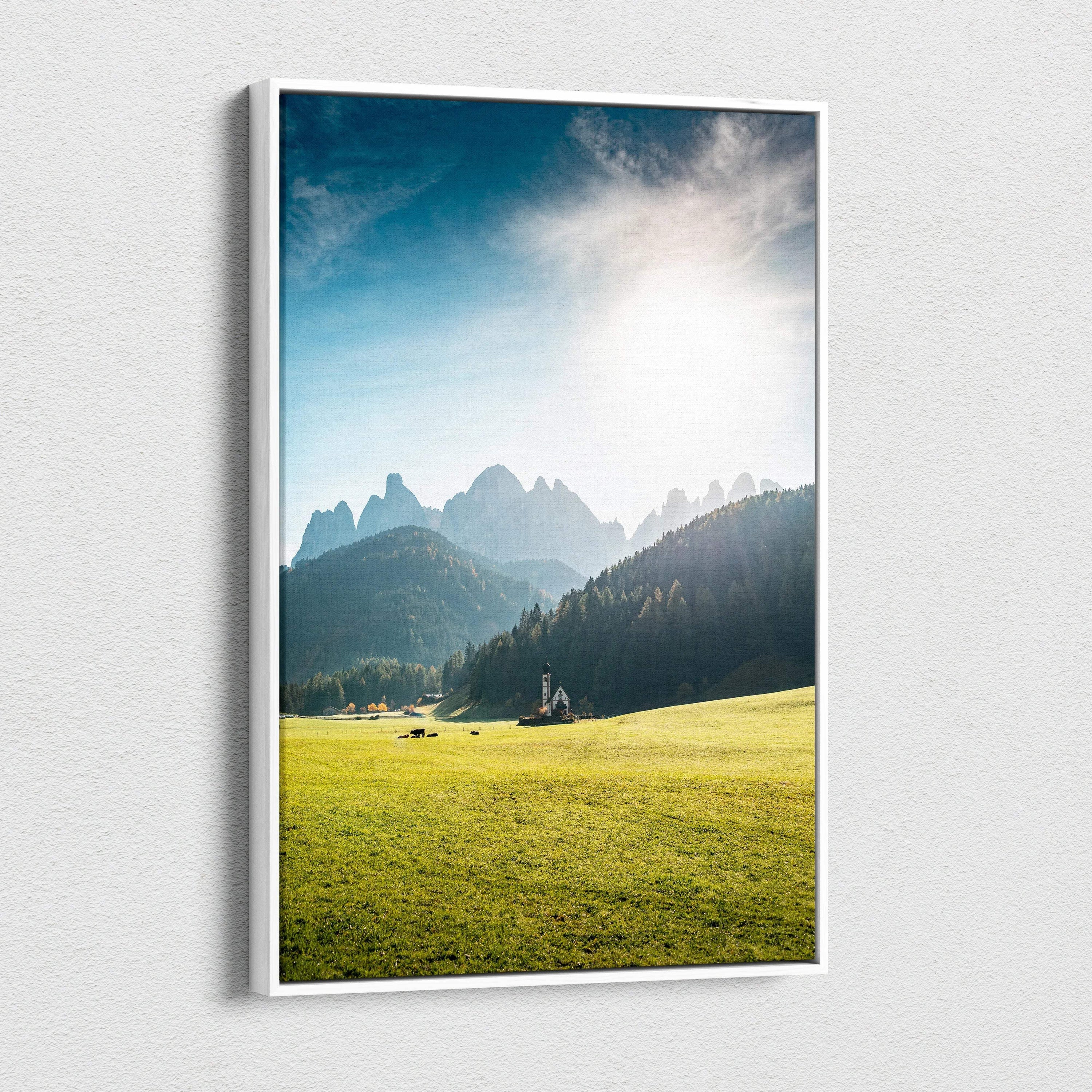 Canvas wall art of Val di Funes Dolomites serene alpine meadow scene