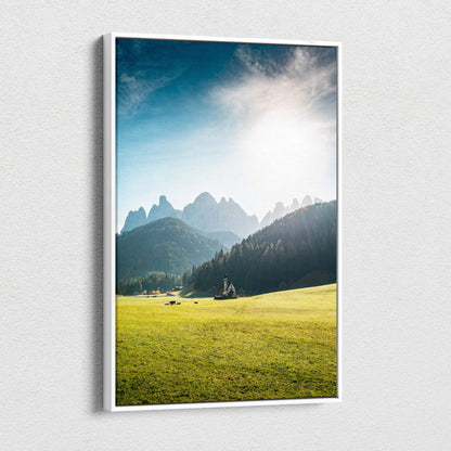 Canvas wall art of Val di Funes Dolomites serene alpine meadow scene