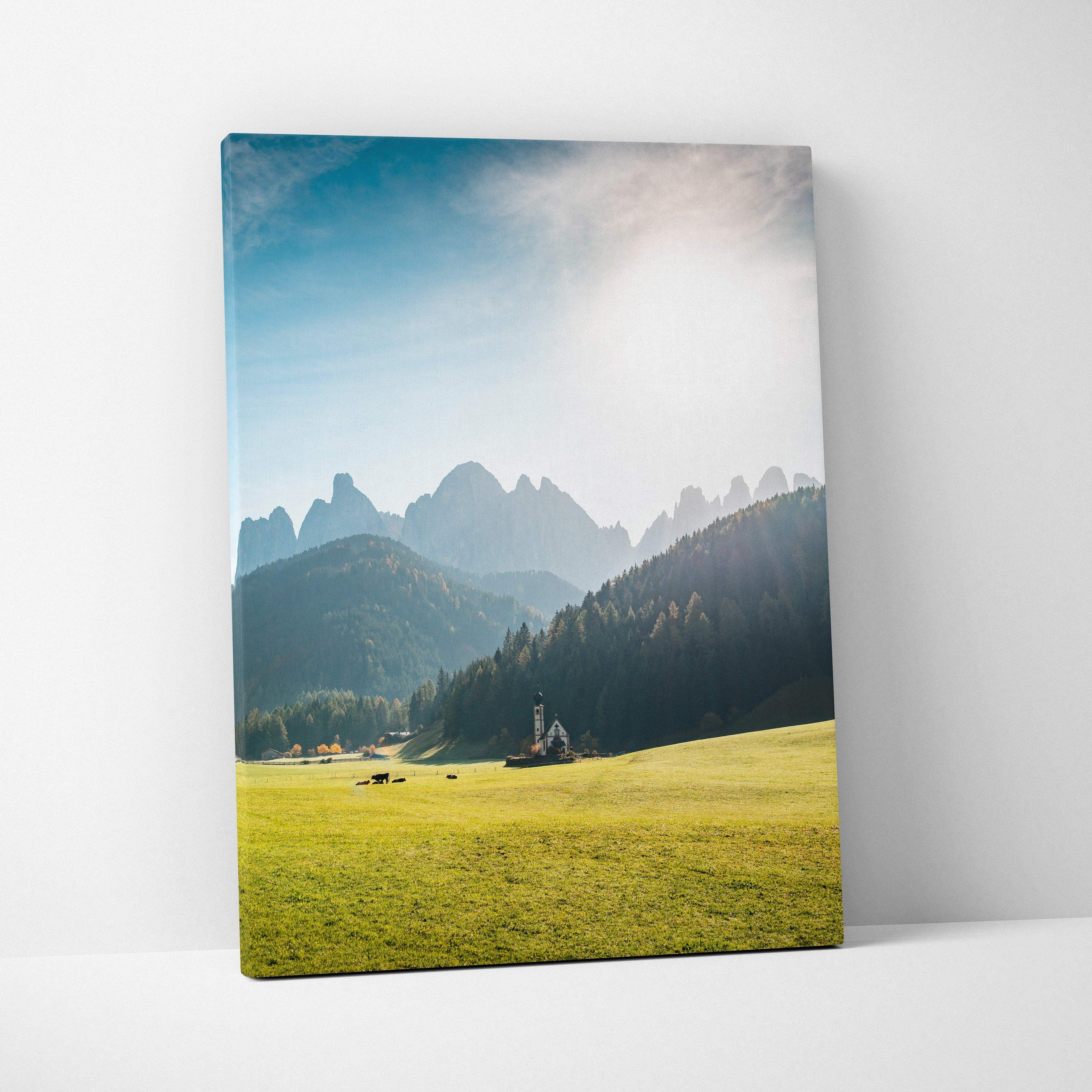Canvas print of serene Val di Funes Dolomites mountain landscape with chapel