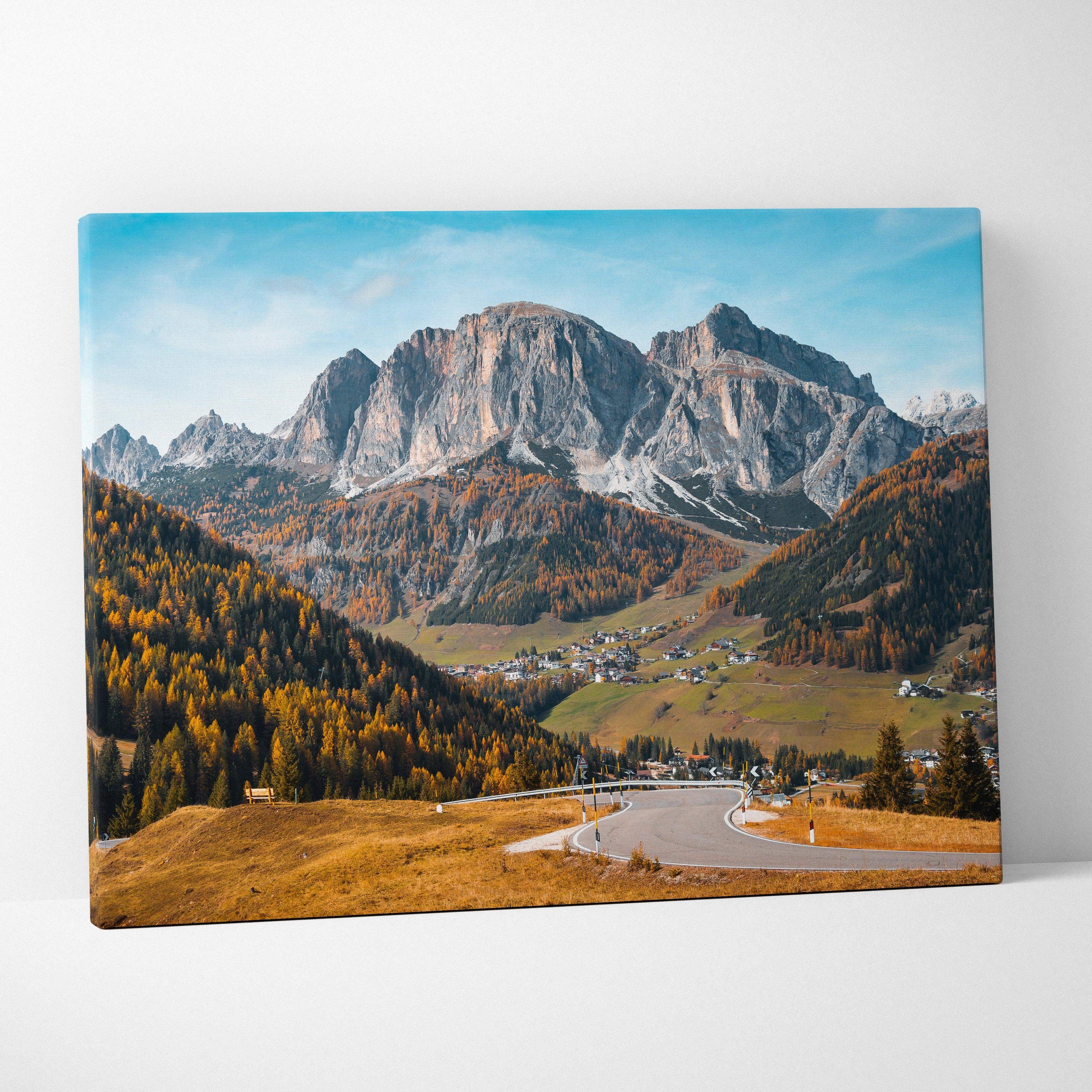 Canvas print of rustic Dolomites Val di Funes mountain landscape in autumn colors