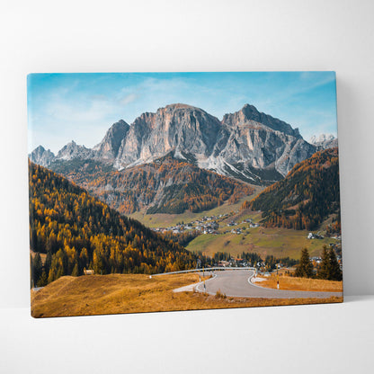 Canvas print of rustic Dolomites Val di Funes mountain landscape in autumn colors