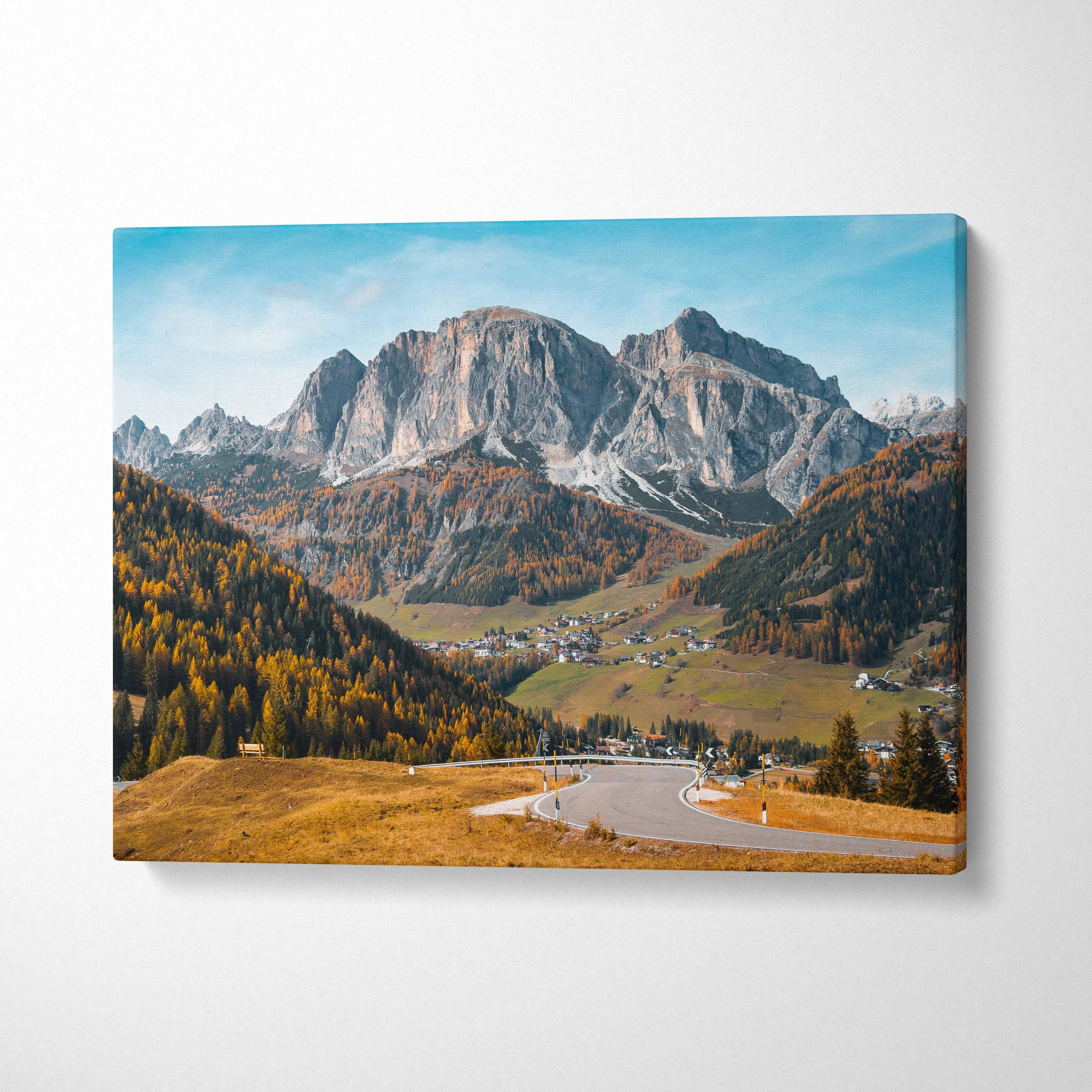 Rustic Dolomites Val di Funes mountain canvas wall art in autumn colors