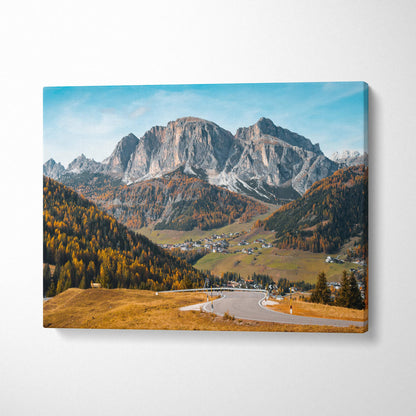 Rustic Dolomites Val di Funes mountain canvas wall art in autumn colors