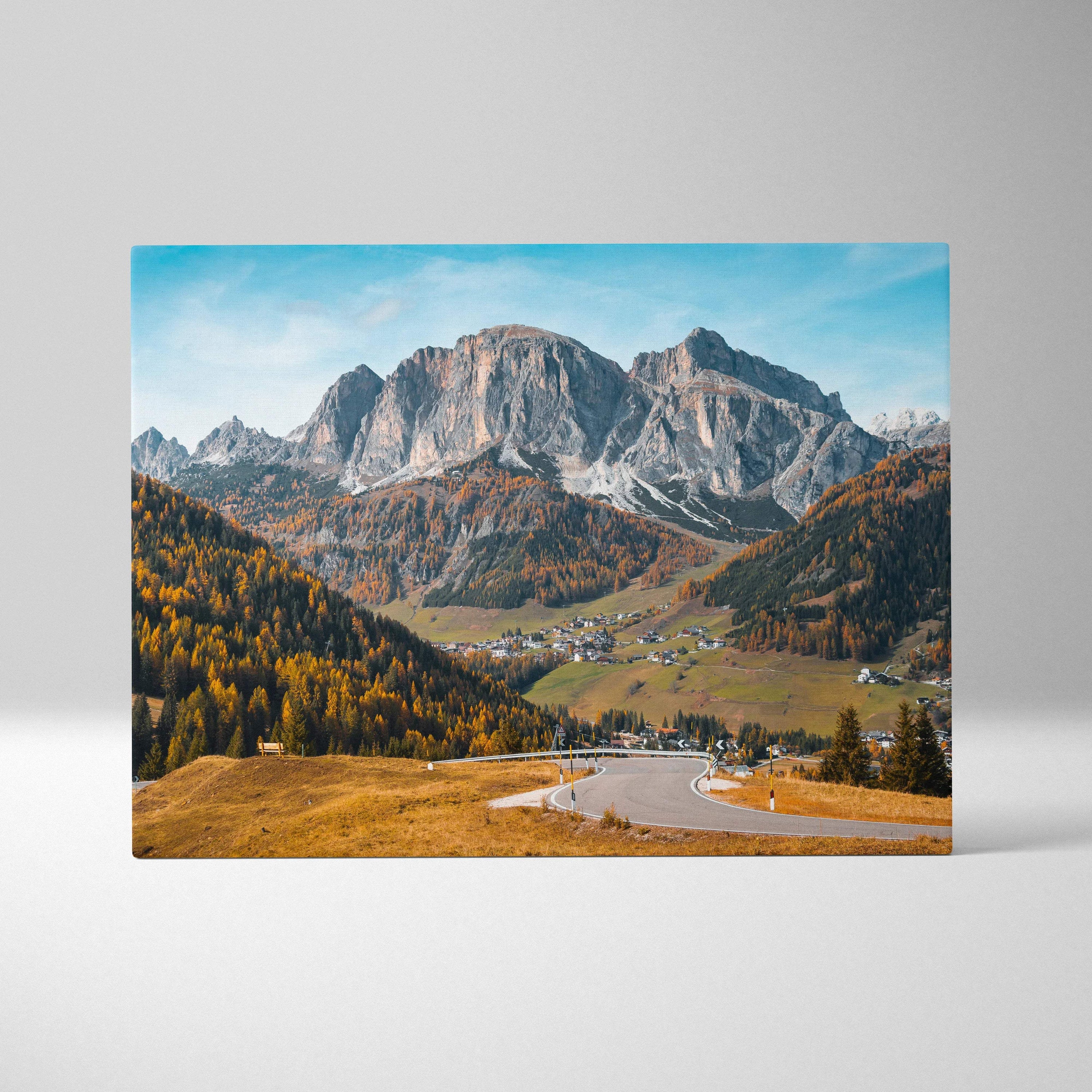 Canvas print of rustic Dolomites Val di Funes mountain landscape in autumn colors